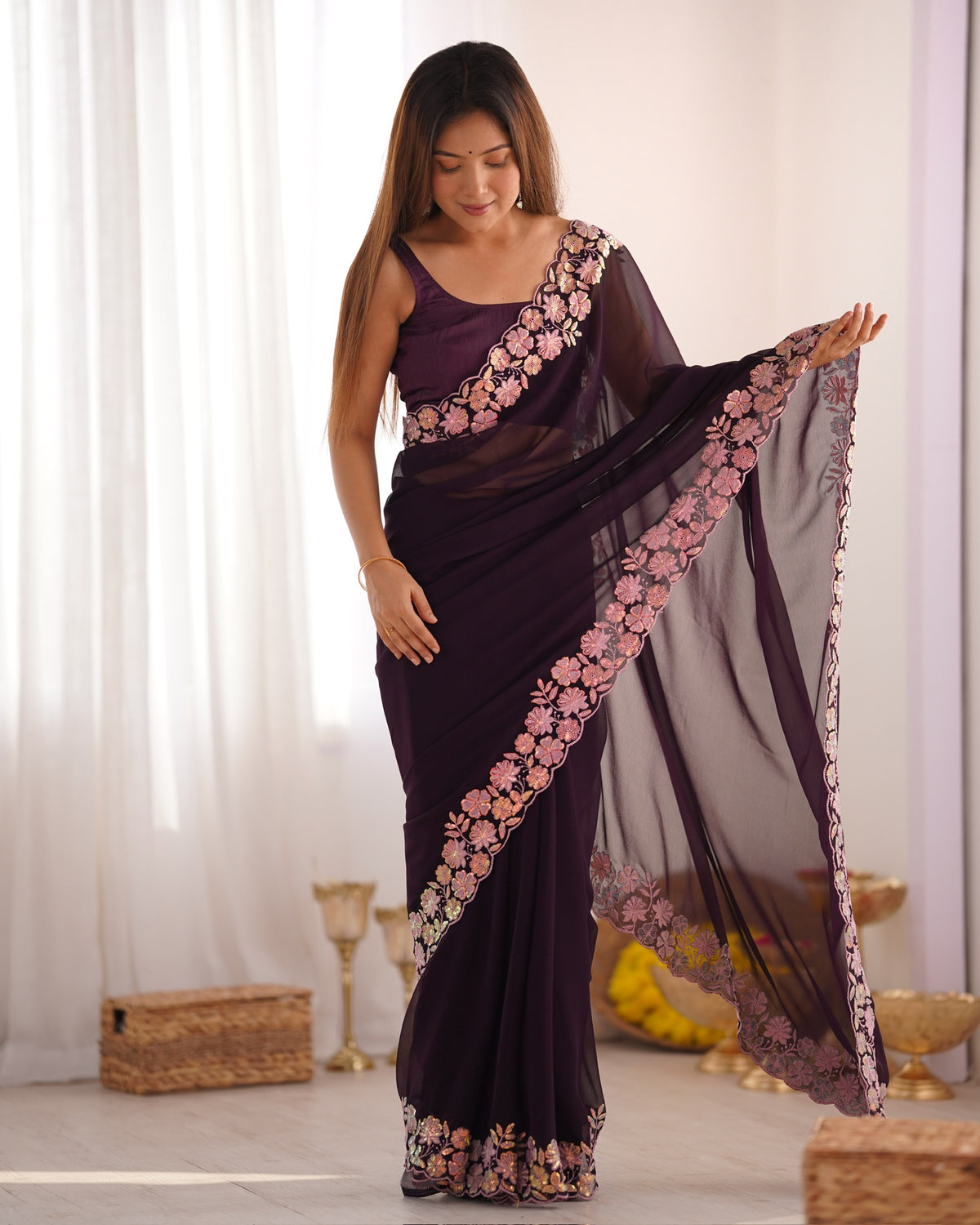 Urban Pallu Solid Poly Georgette Festive Saree