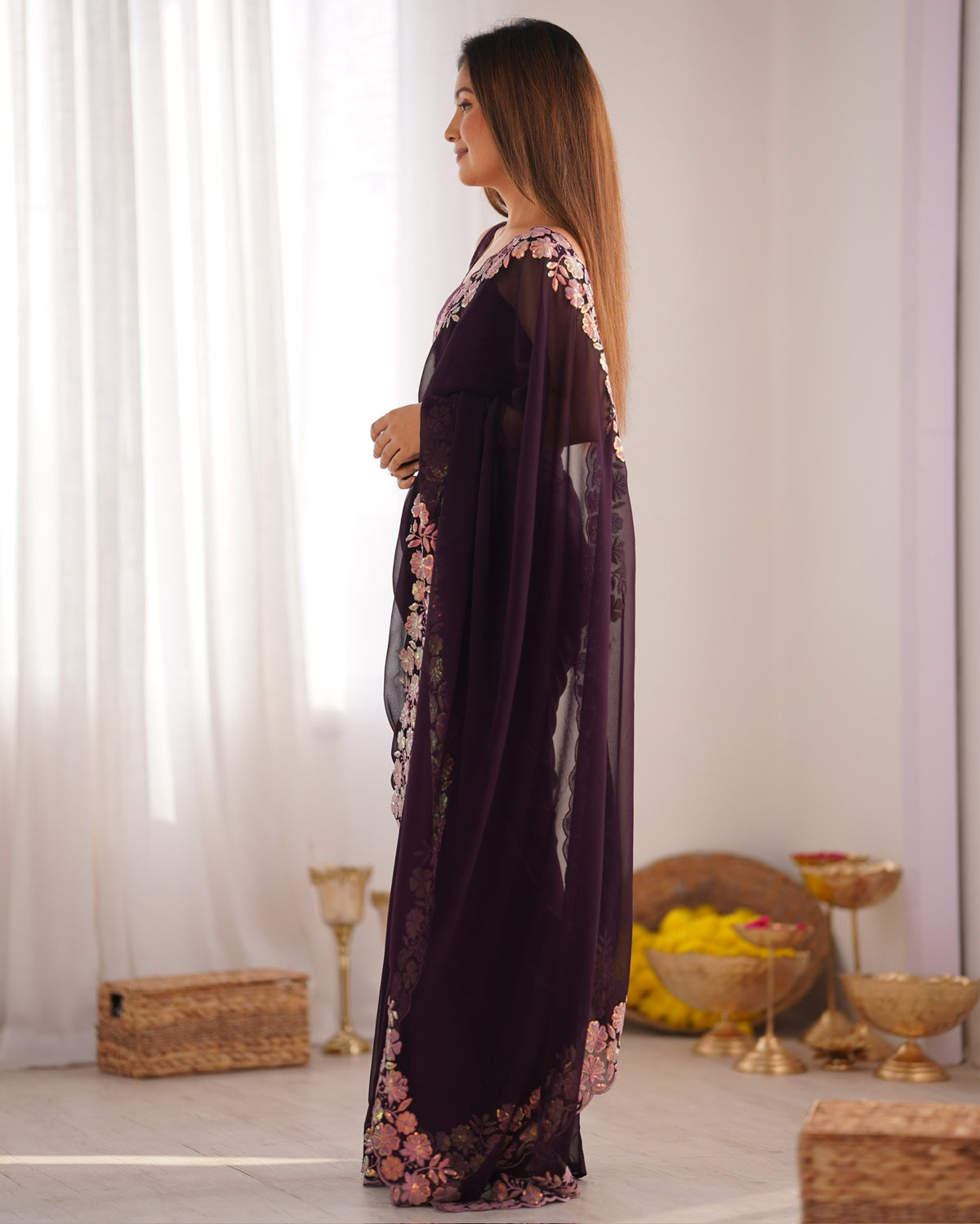 Urban Pallu Solid Poly Georgette Festive Saree
