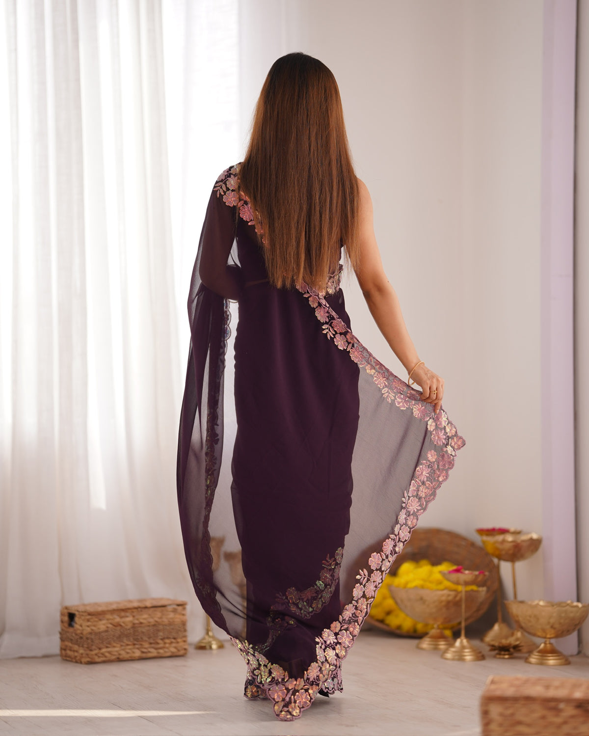 Urban Pallu Solid Poly Georgette Festive Saree
