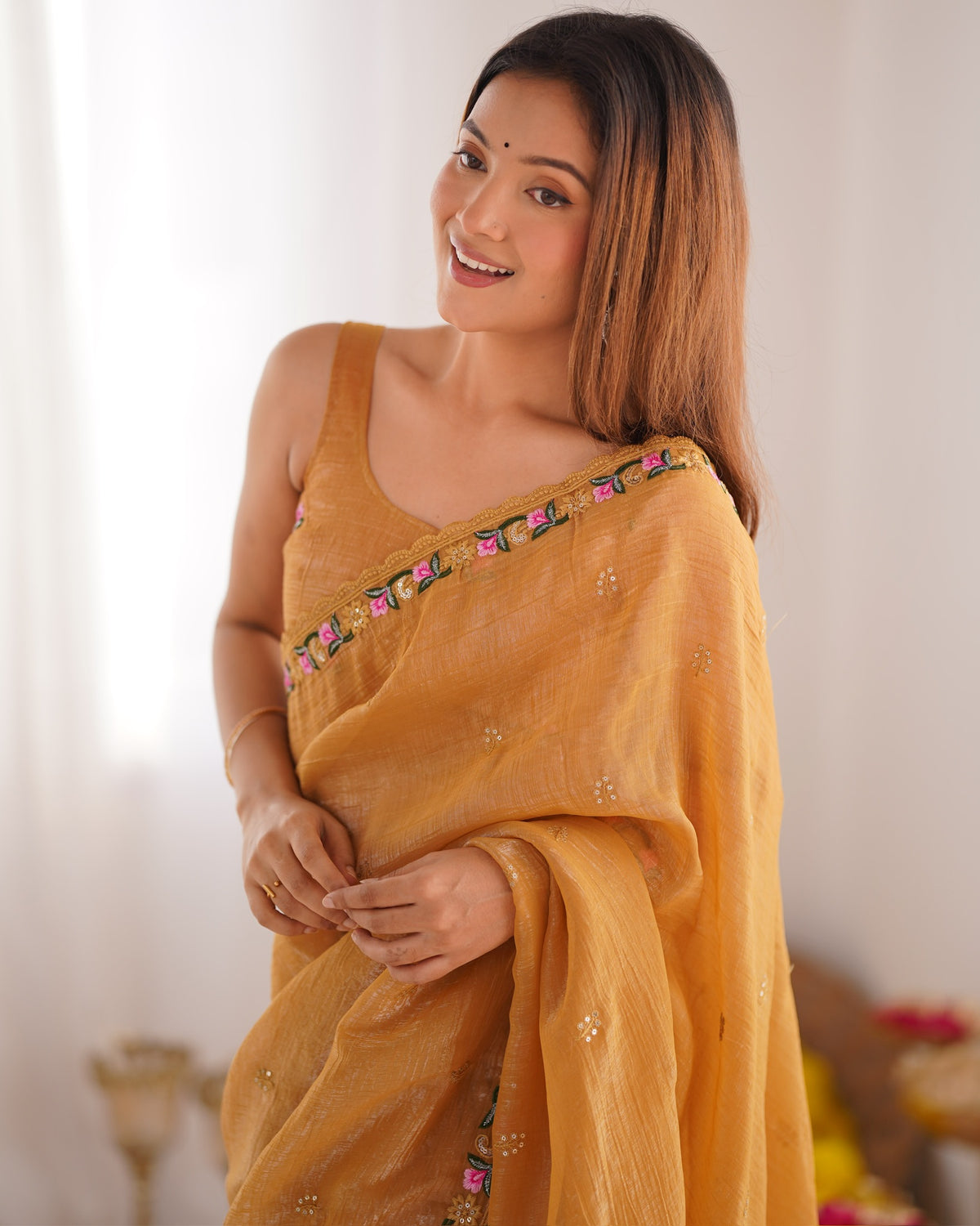 Urban Pallu Solid Organza Festive Saree