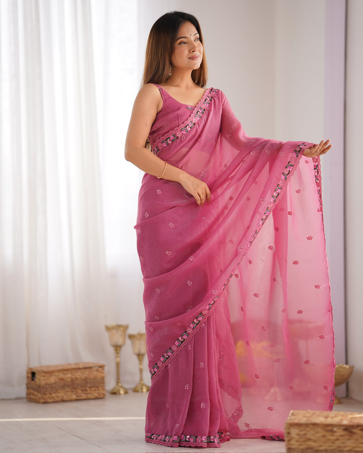 Urban Pallu Solid Organza Festive Saree