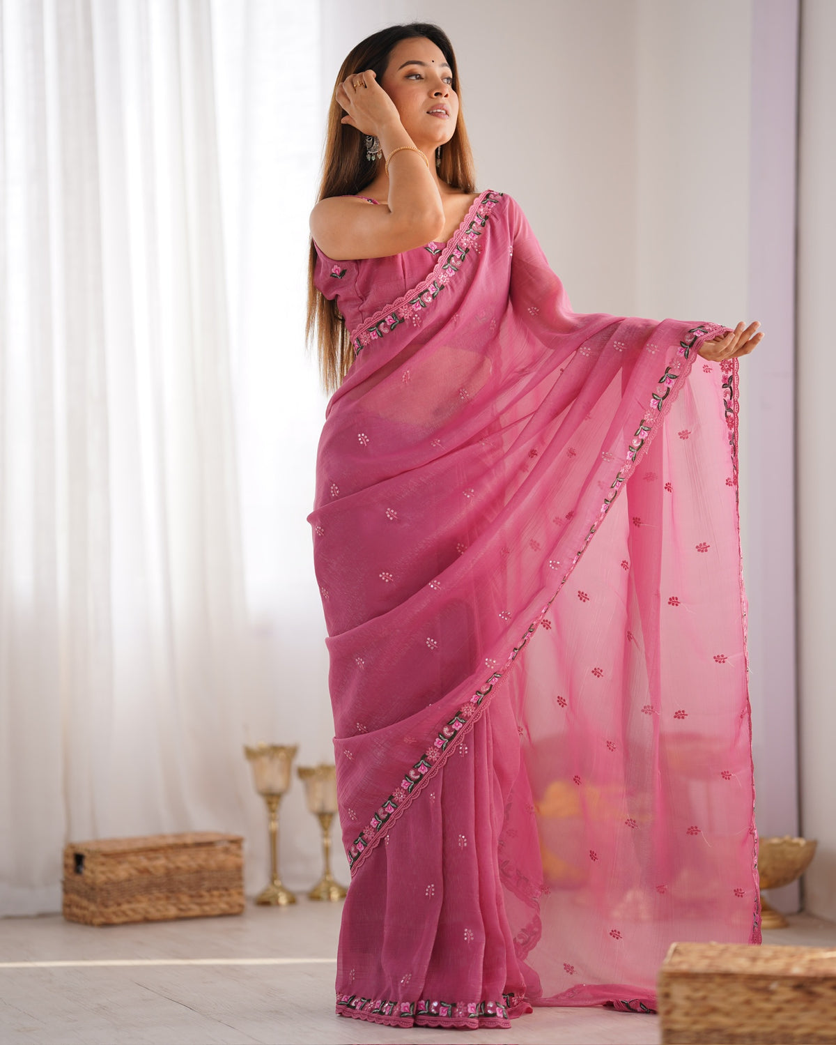 Urban Pallu Solid Organza Festive Saree