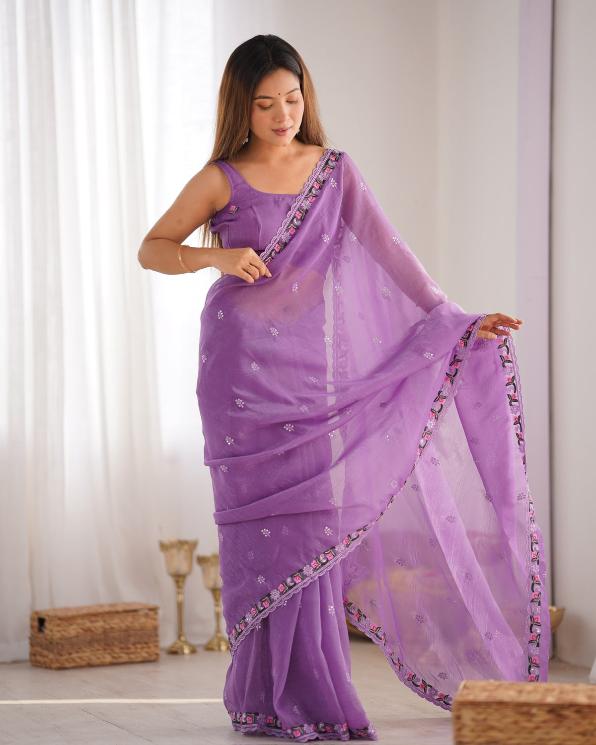 Urban Pallu Solid Organza Festive Saree