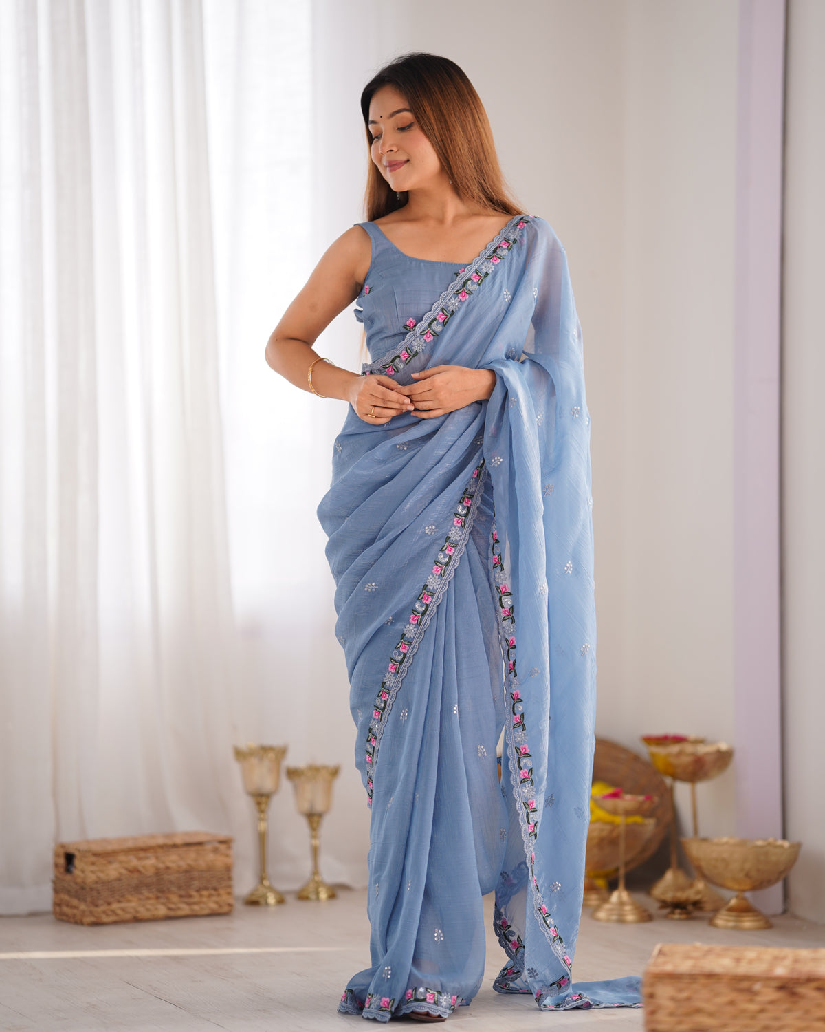 Urban Pallu Solid Organza Festive Saree