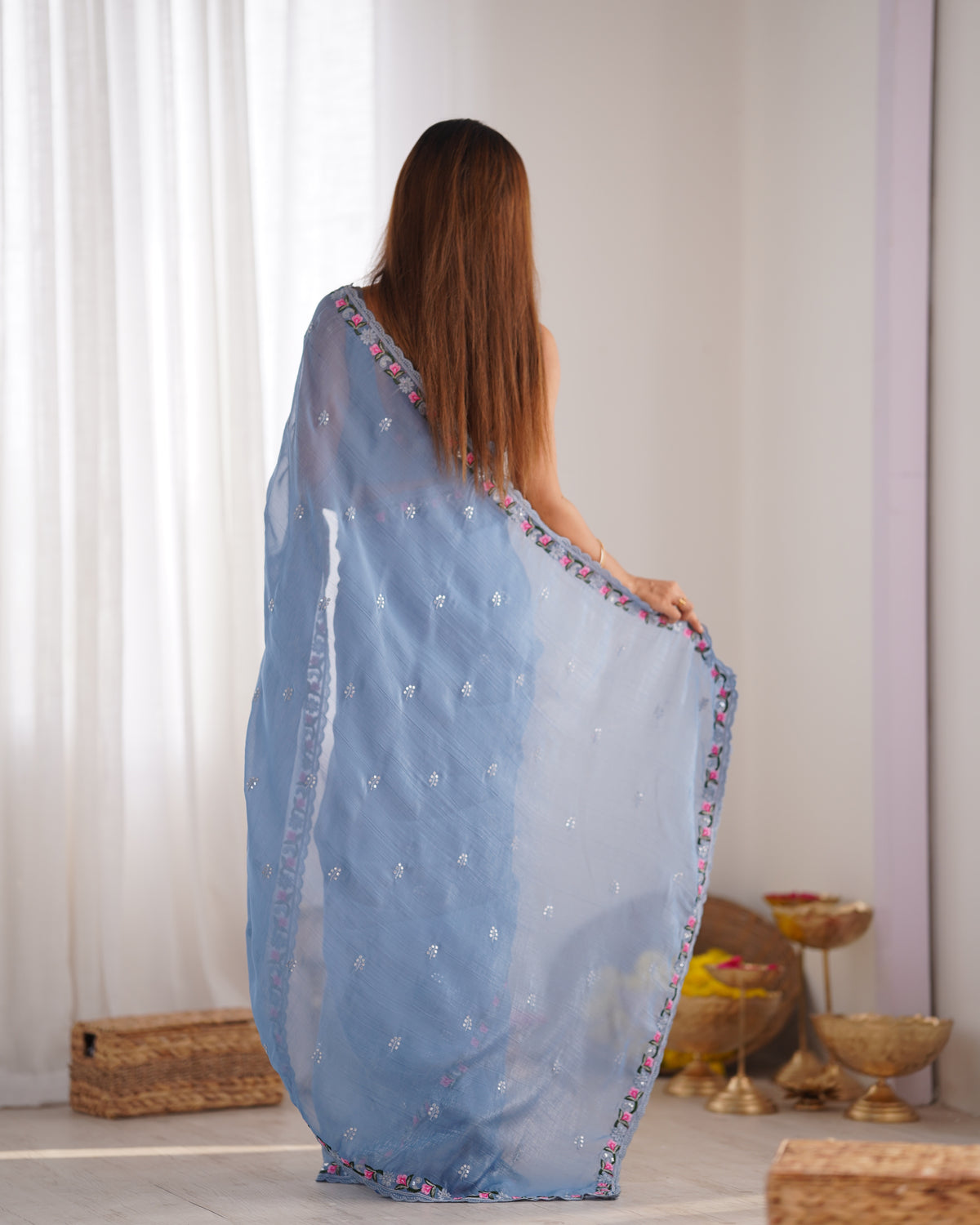 Urban Pallu Solid Organza Festive Saree