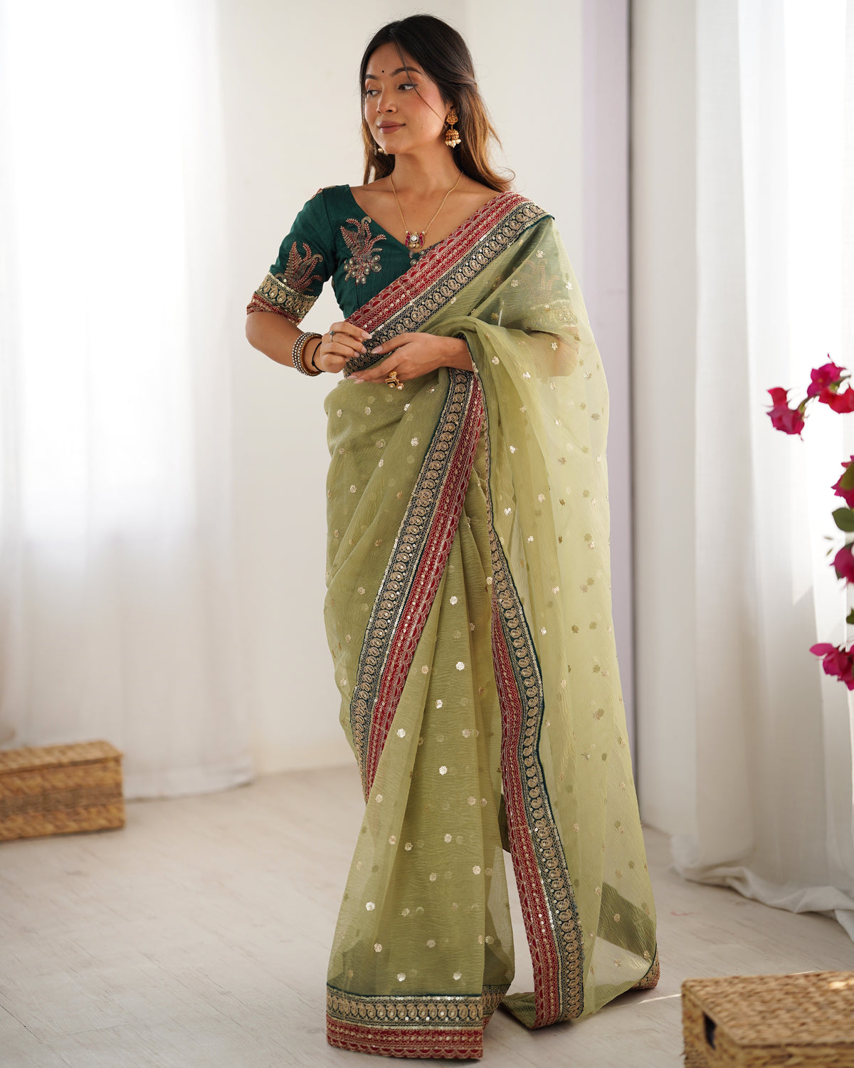 Urban Pallu Solid Organza Festive Saree