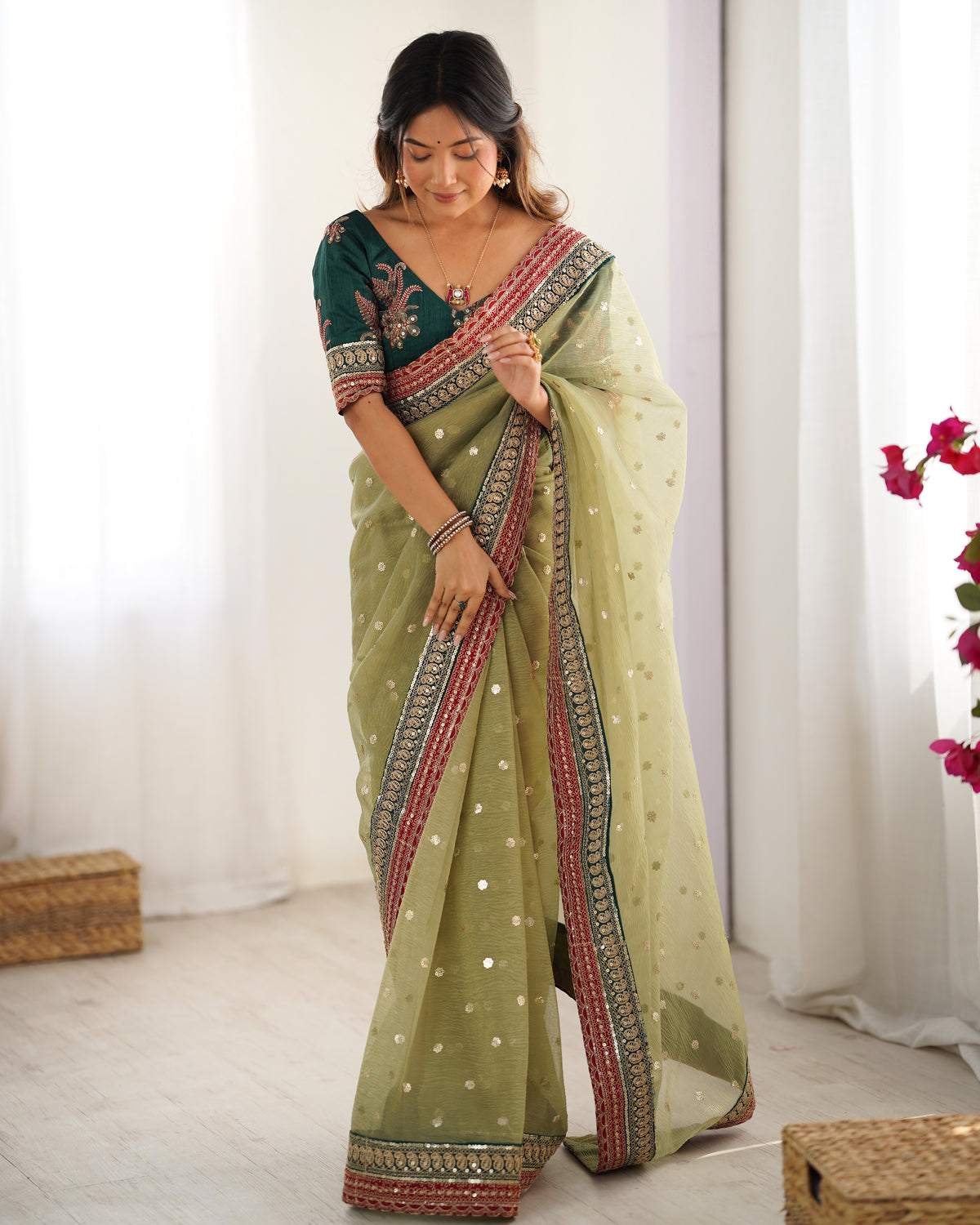 Urban Pallu Solid Organza Festive Saree