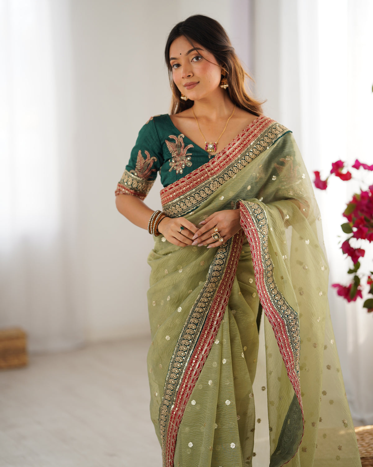 Urban Pallu Solid Organza Festive Saree