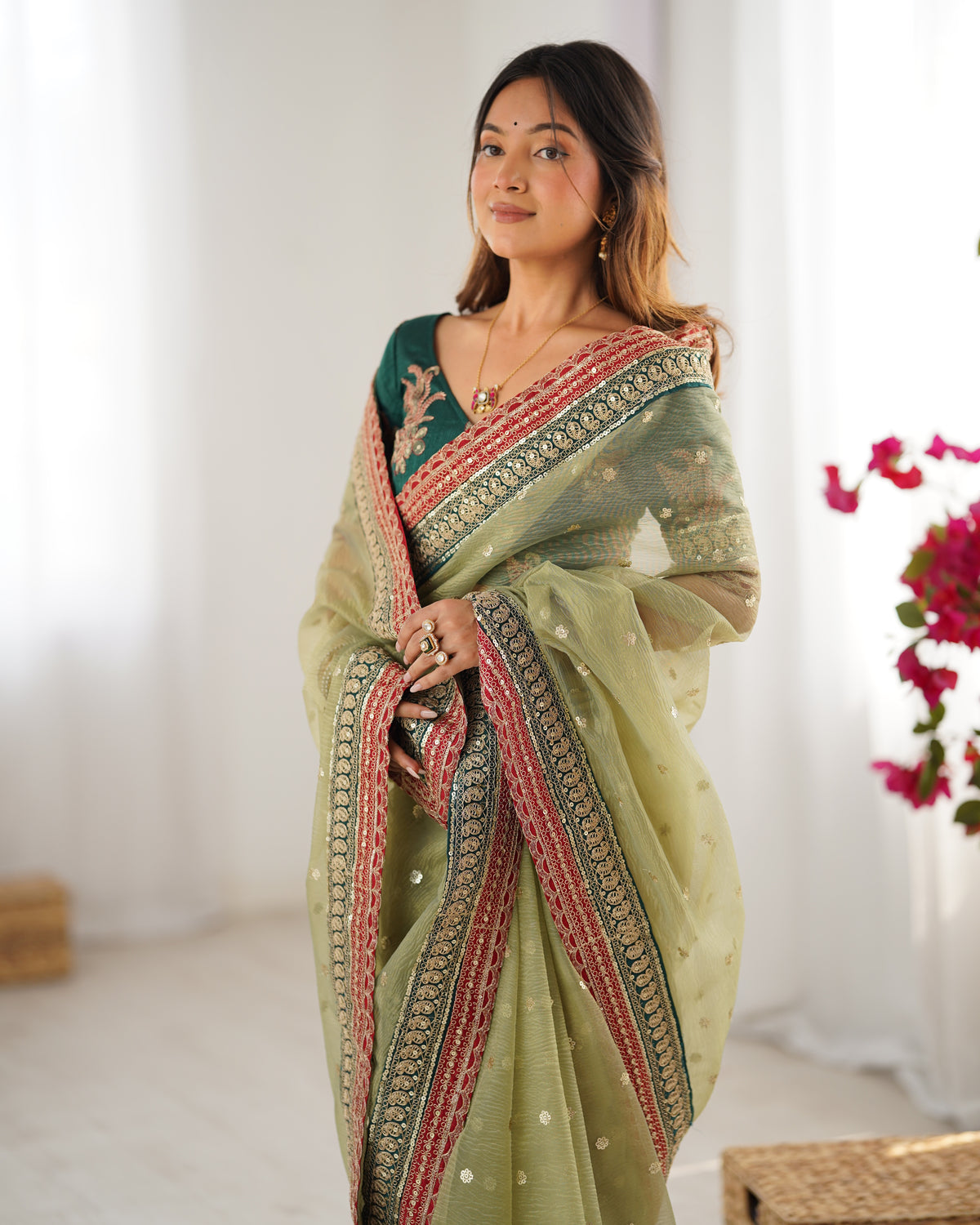 Urban Pallu Solid Organza Festive Saree