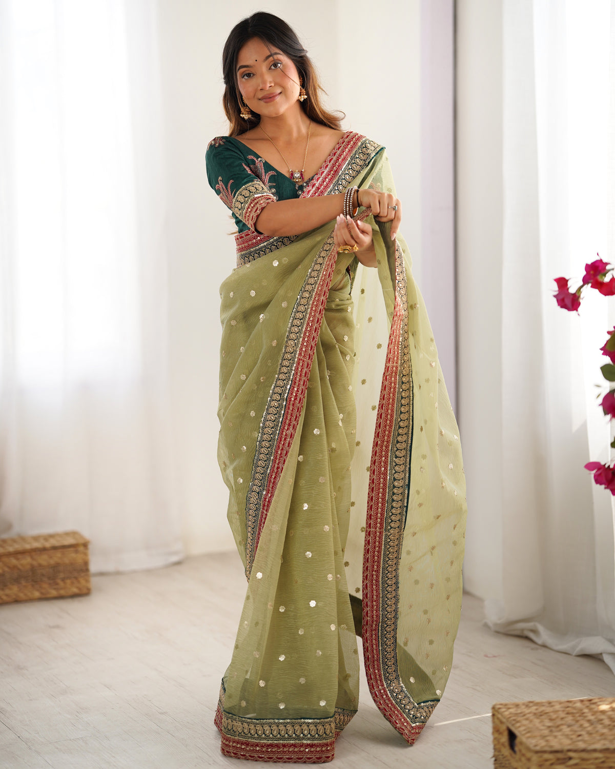 Urban Pallu Solid Organza Festive Saree