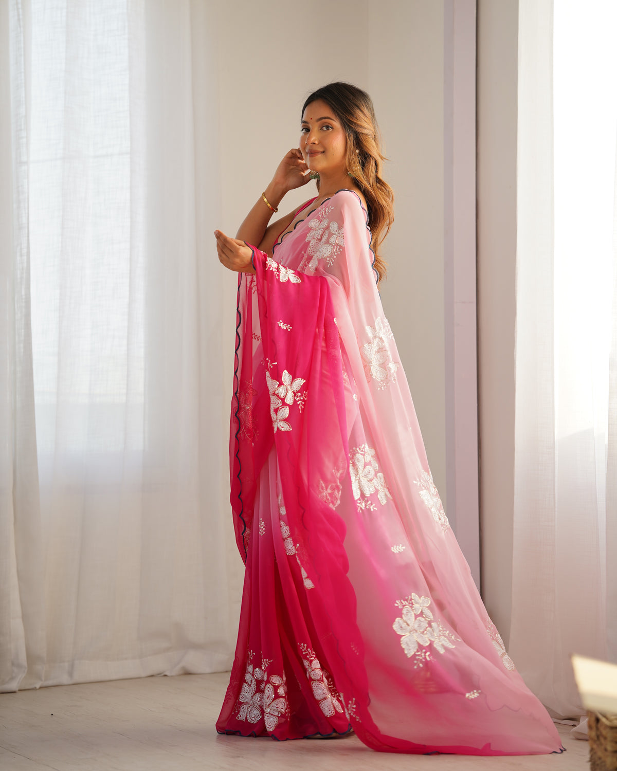 Urban Pallu Solid Organza Festive Saree