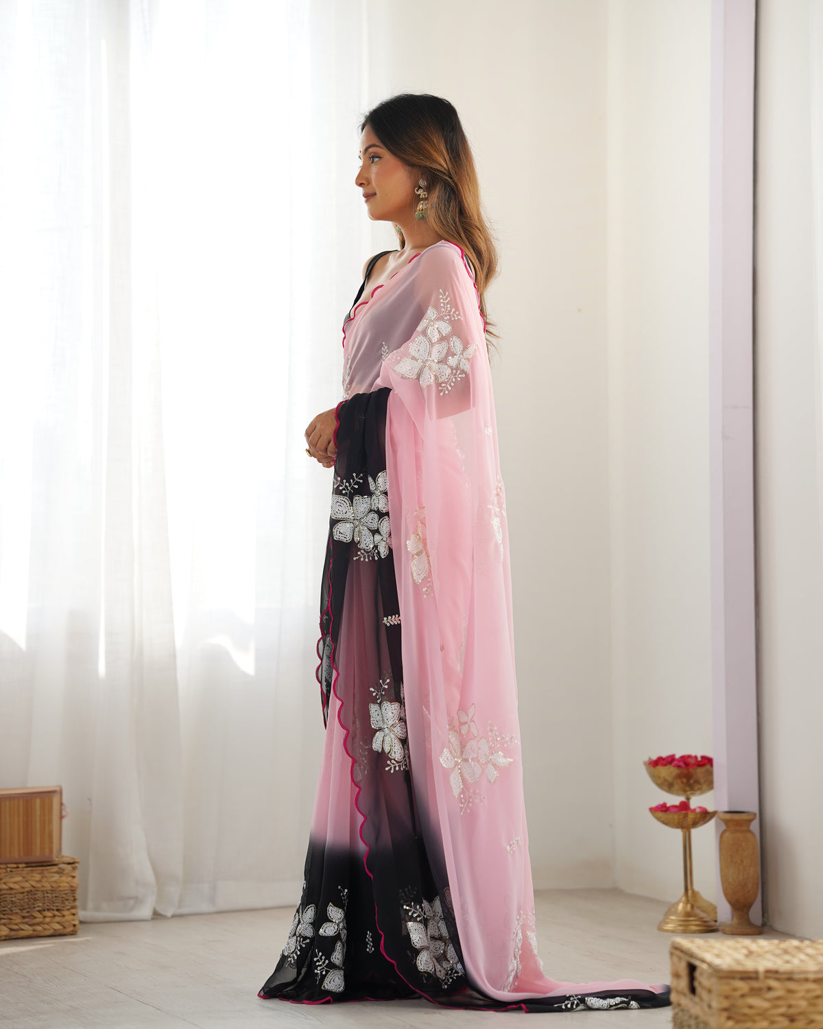 Urban Pallu Solid Organza Festive Saree