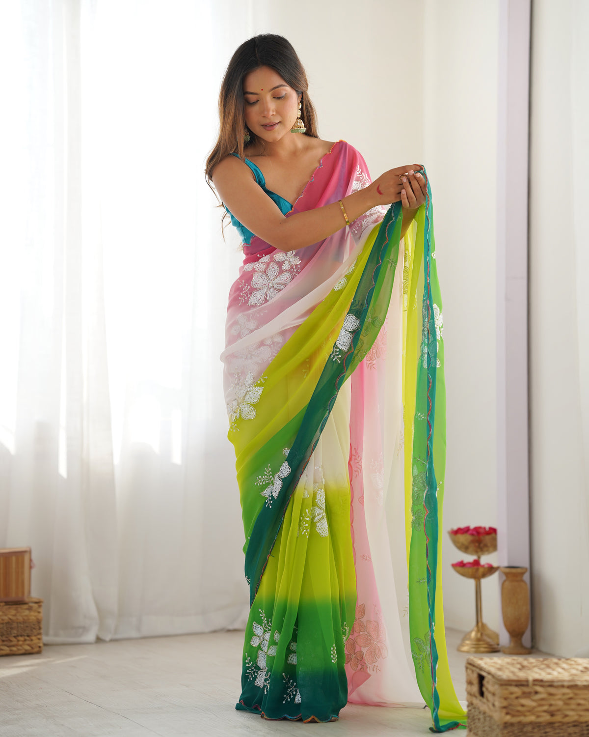 Urban Pallu Solid Organza Festive Saree