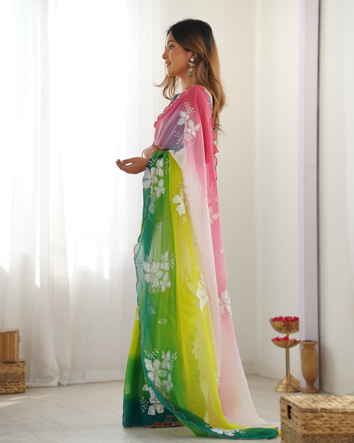 Urban Pallu Solid Organza Festive Saree