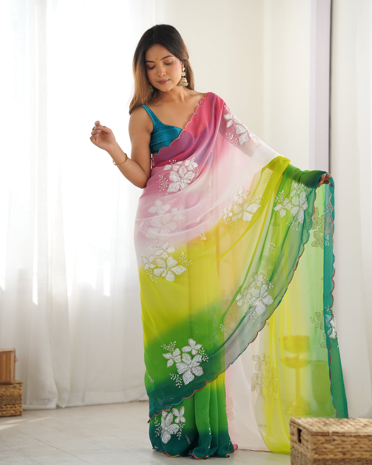 Urban Pallu Solid Organza Festive Saree