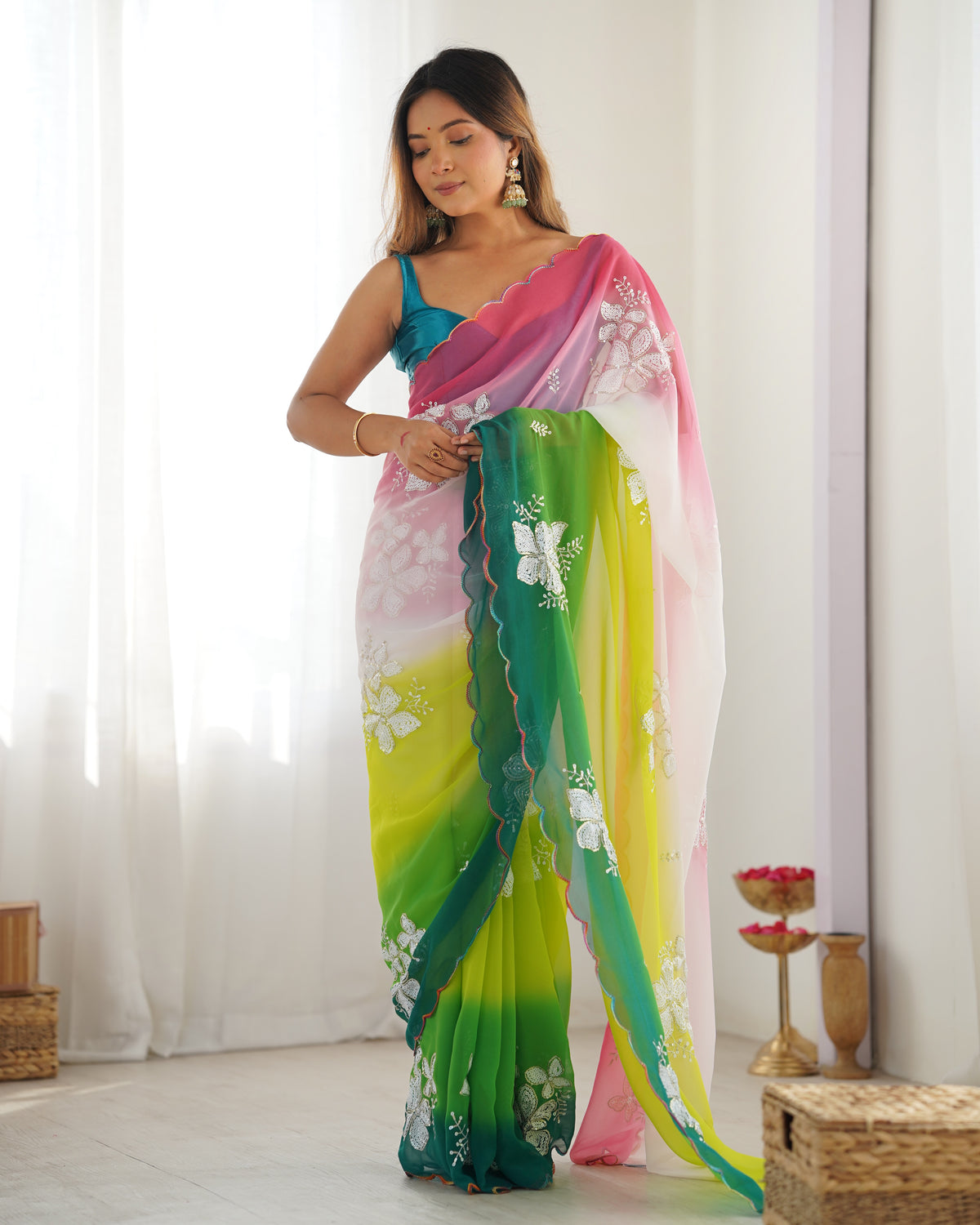 Urban Pallu Solid Organza Festive Saree