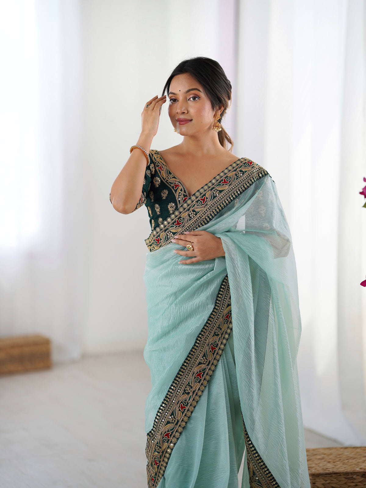 Urban Pallu Solid Organza Festive Saree
