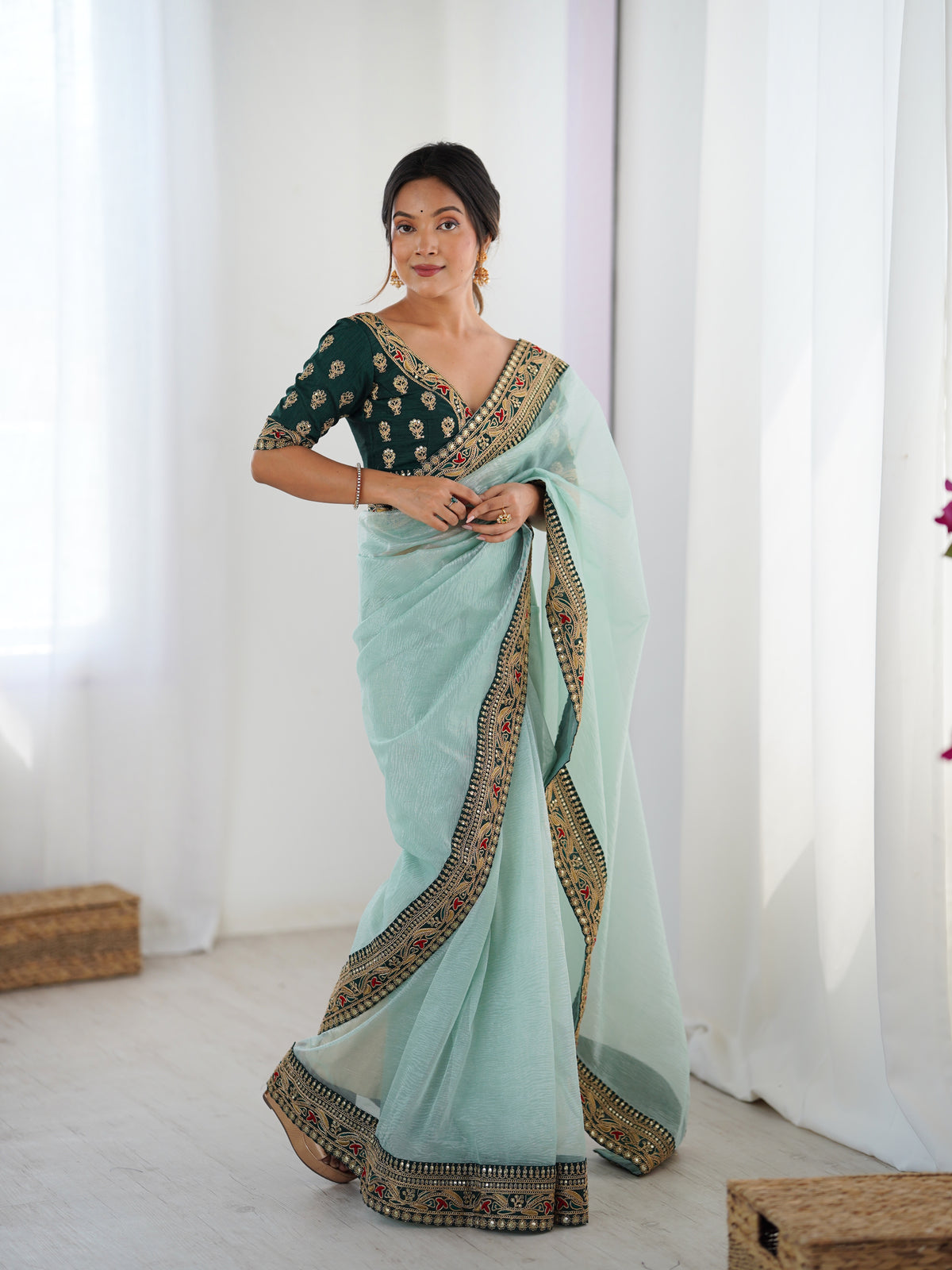 Urban Pallu Solid Organza Festive Saree