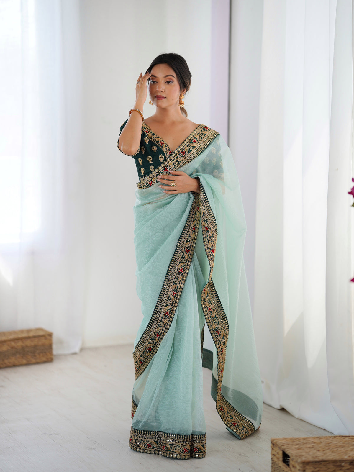 Urban Pallu Solid Organza Festive Saree