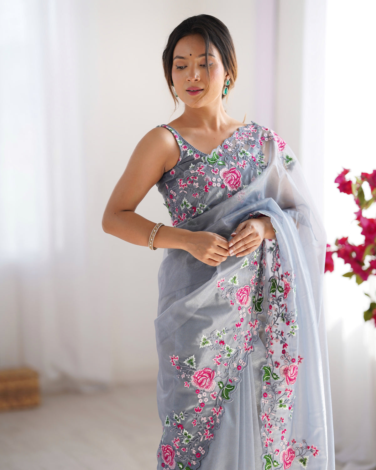 Urban Pallu Solid Organza Festive Saree