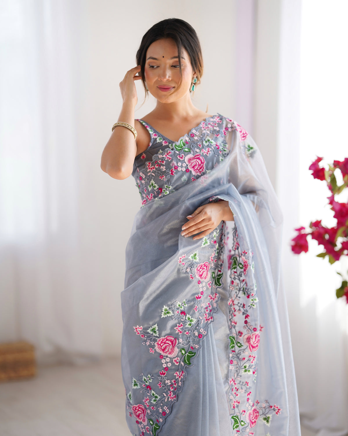 Urban Pallu Solid Organza Festive Saree