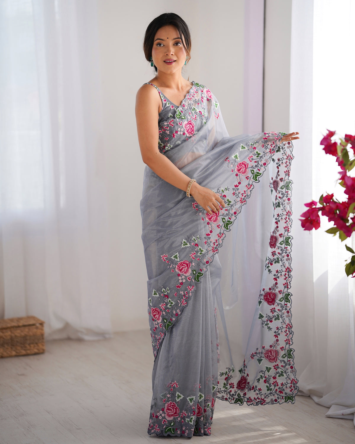 Urban Pallu Solid Organza Festive Saree