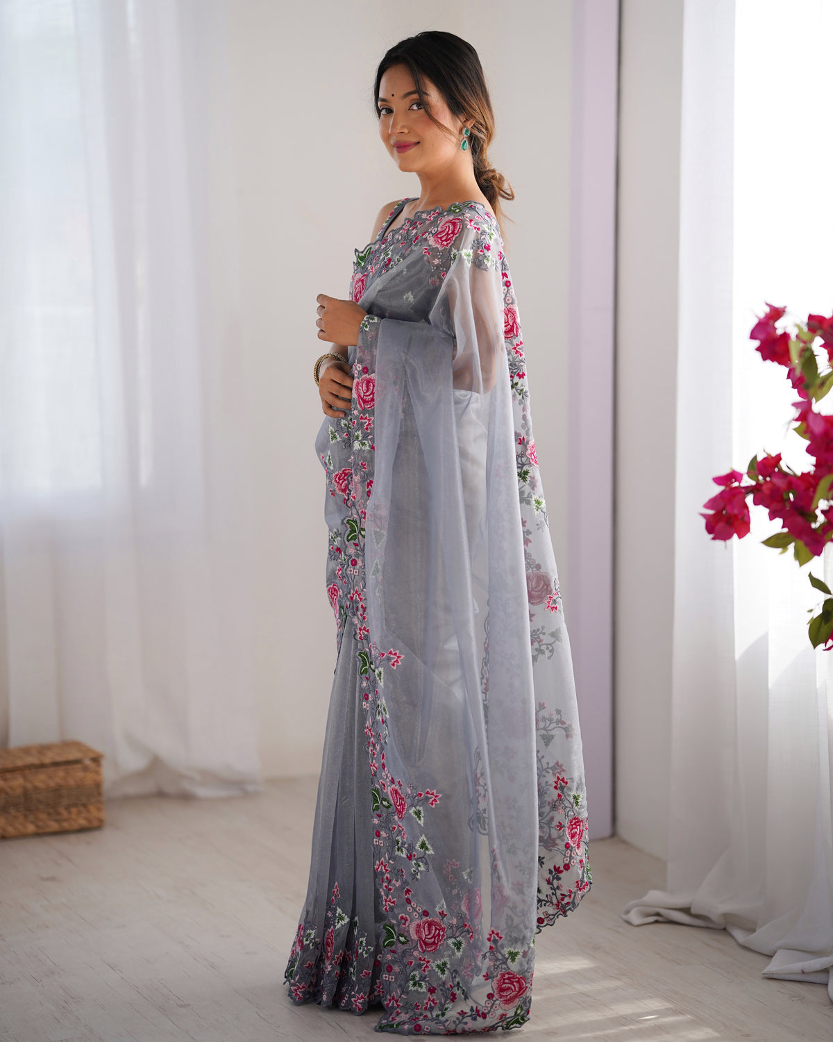 Urban Pallu Solid Organza Festive Saree