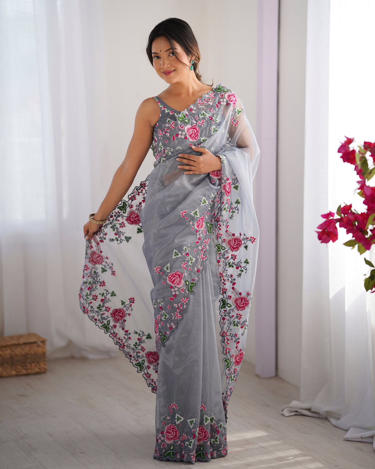 Urban Pallu Solid Organza Festive Saree
