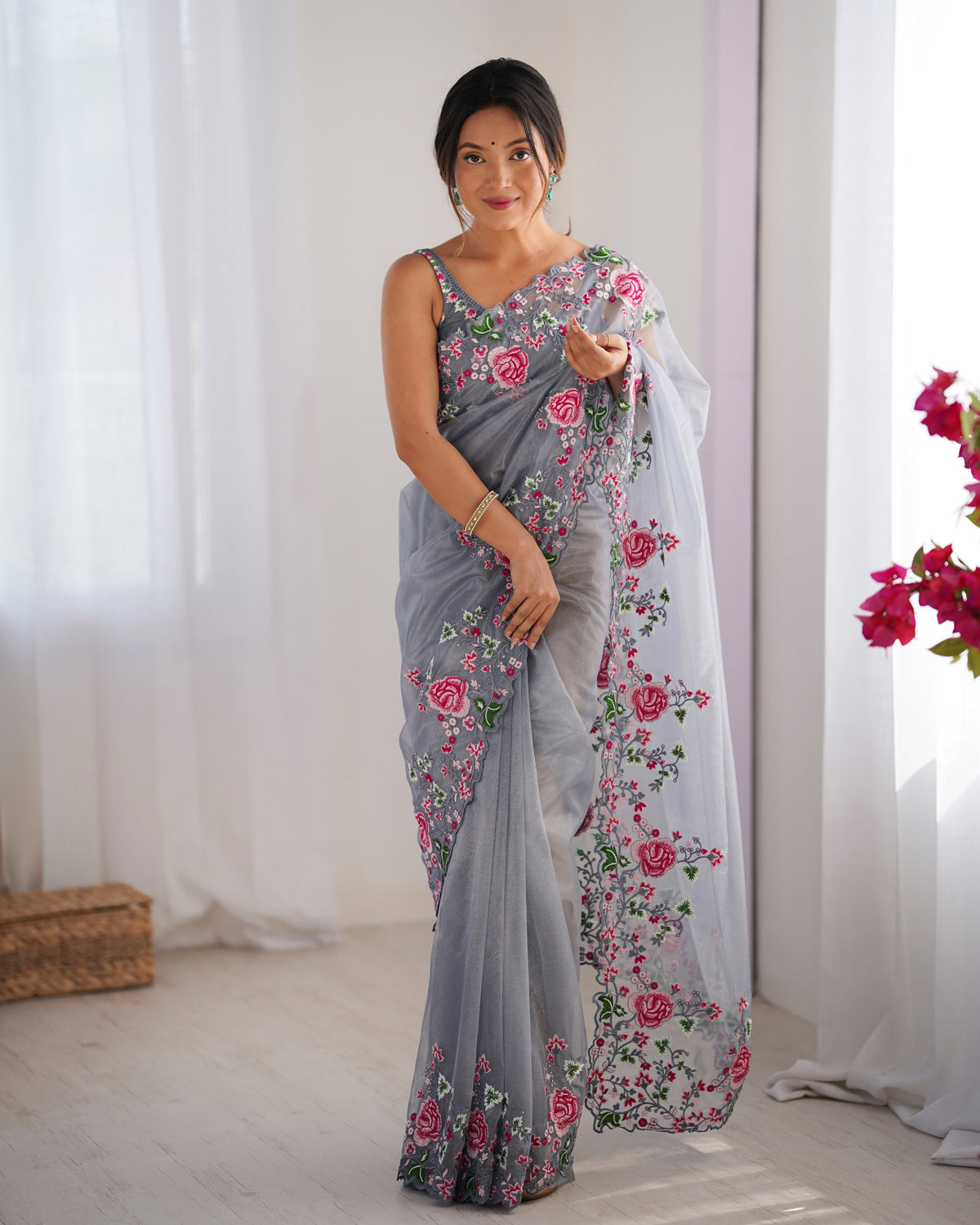 Urban Pallu Solid Organza Festive Saree