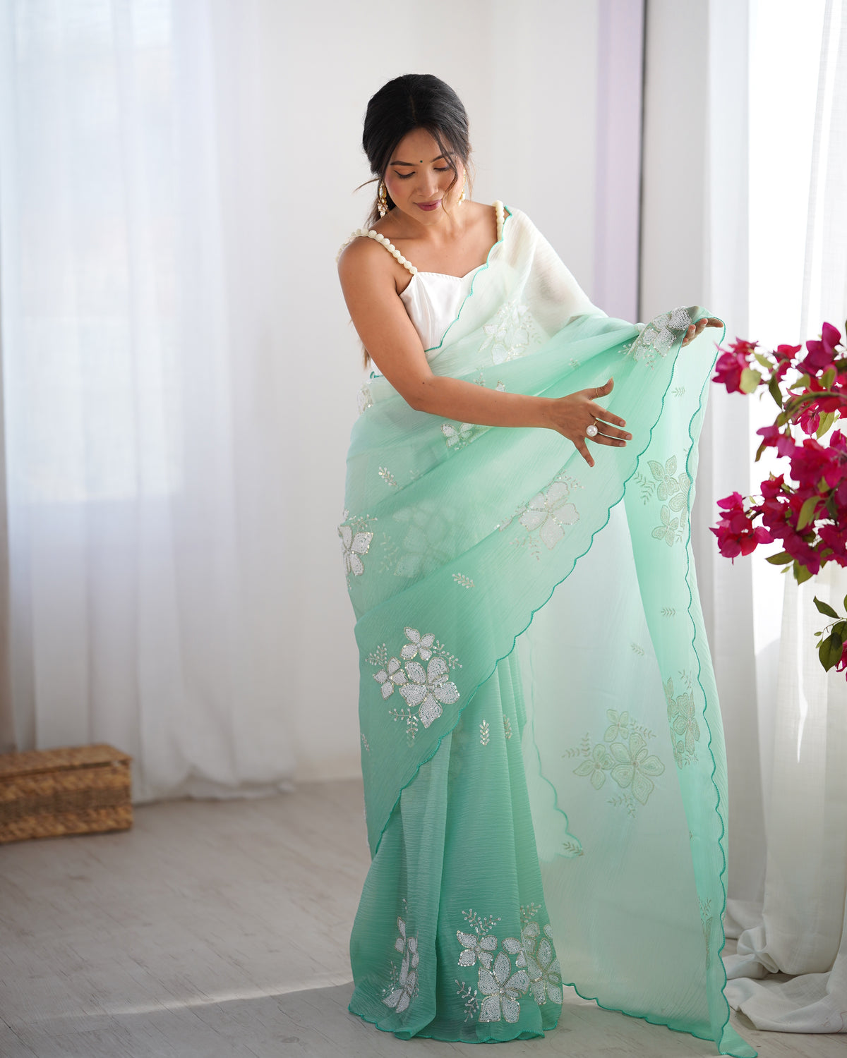 Urban Pallu Solid Organza Festive Saree