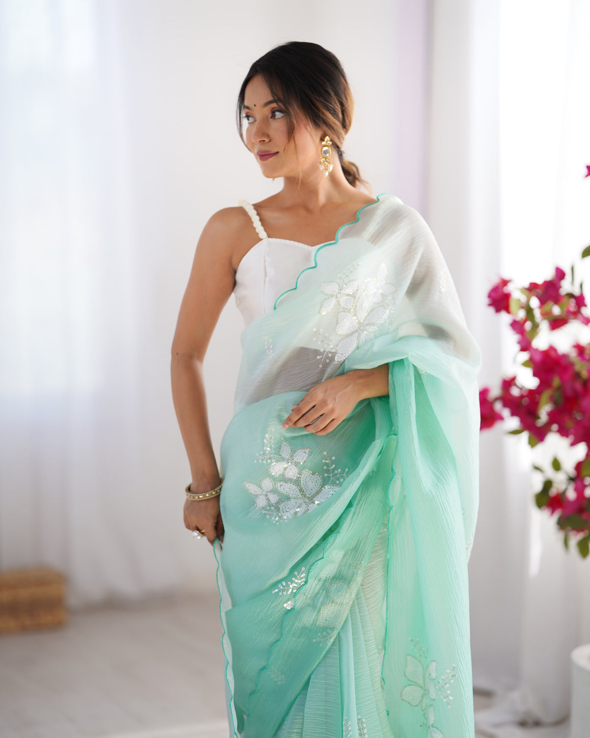 Urban Pallu Solid Organza Festive Saree
