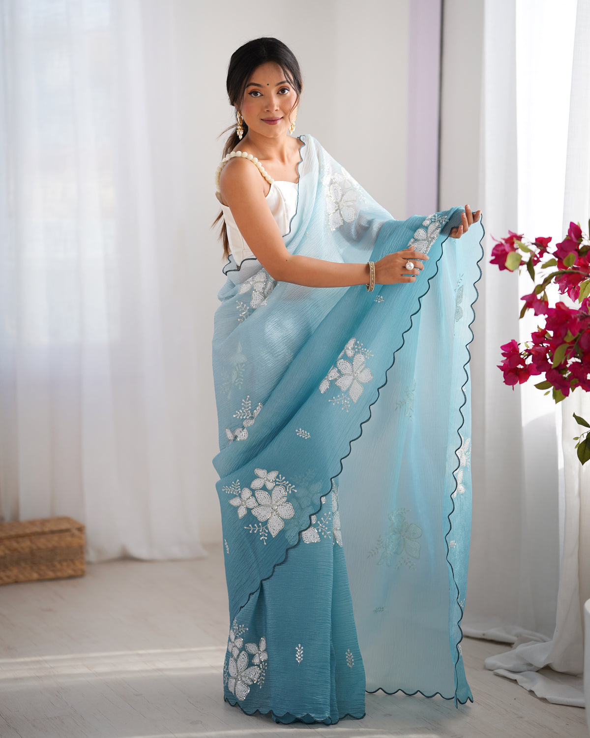 Urban Pallu Solid Organza Festive Saree