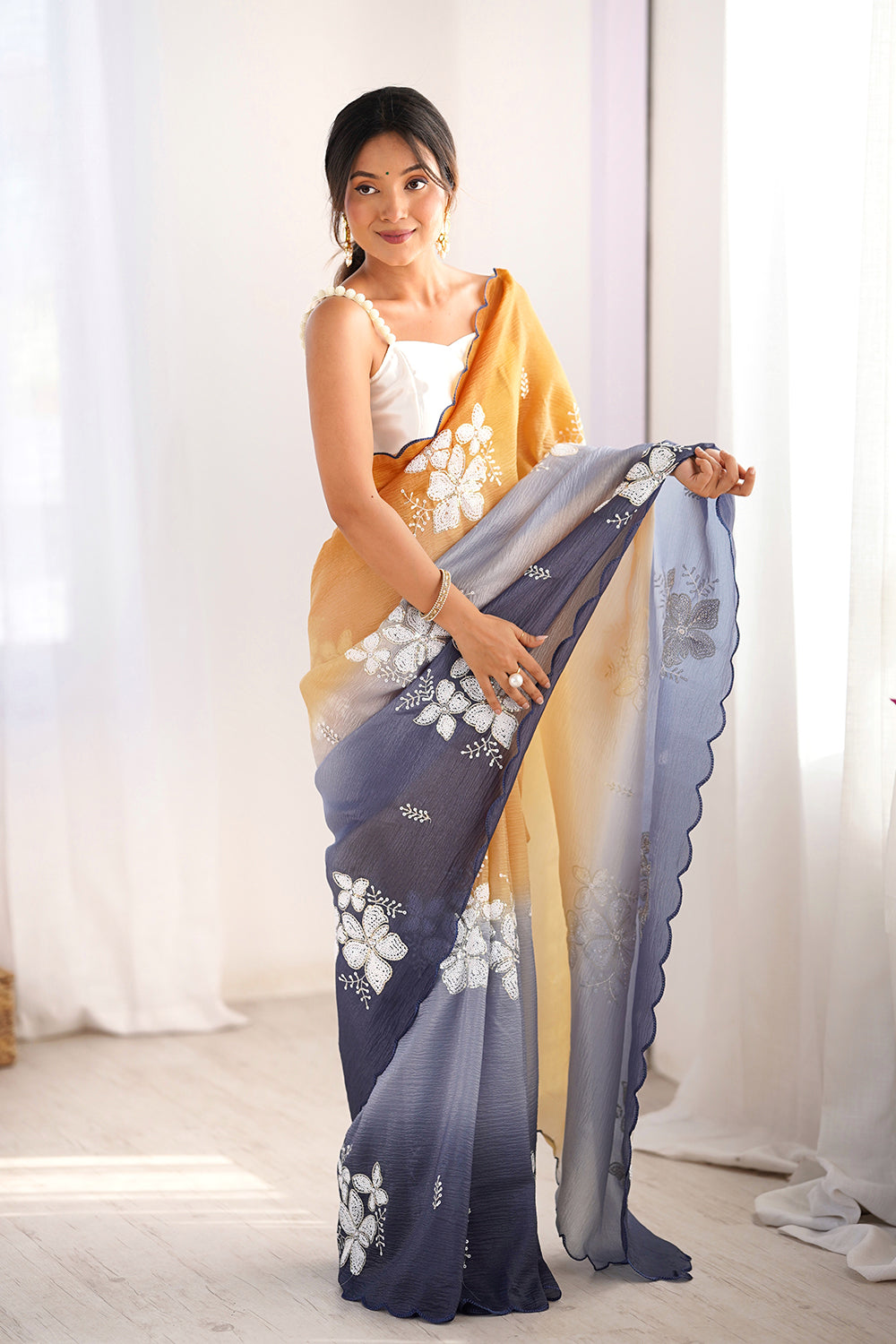 Urban Pallu Embroidered Poly Chiffon Daily Saree
