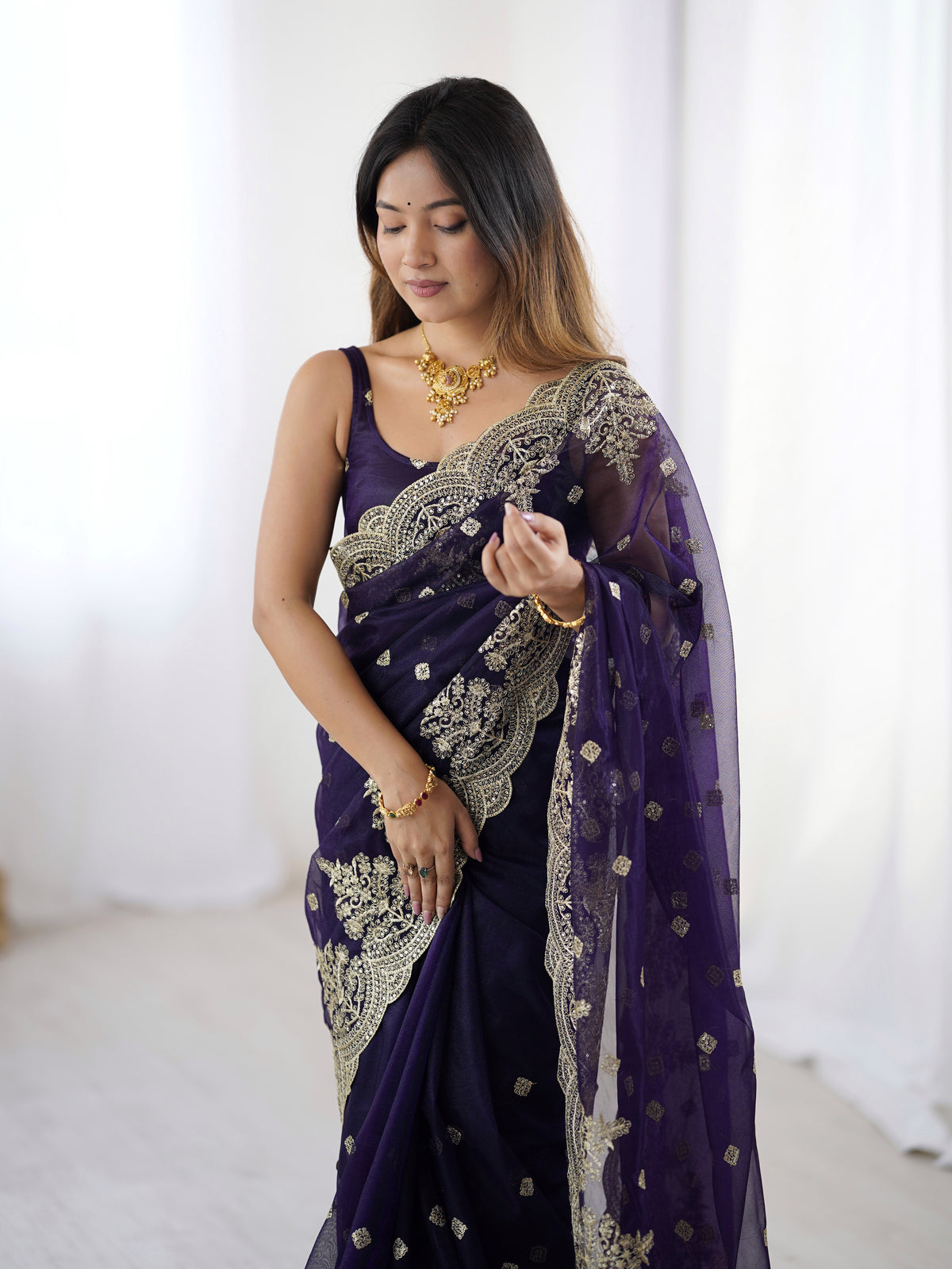 Urban Pallu Solid Net Festive Saree