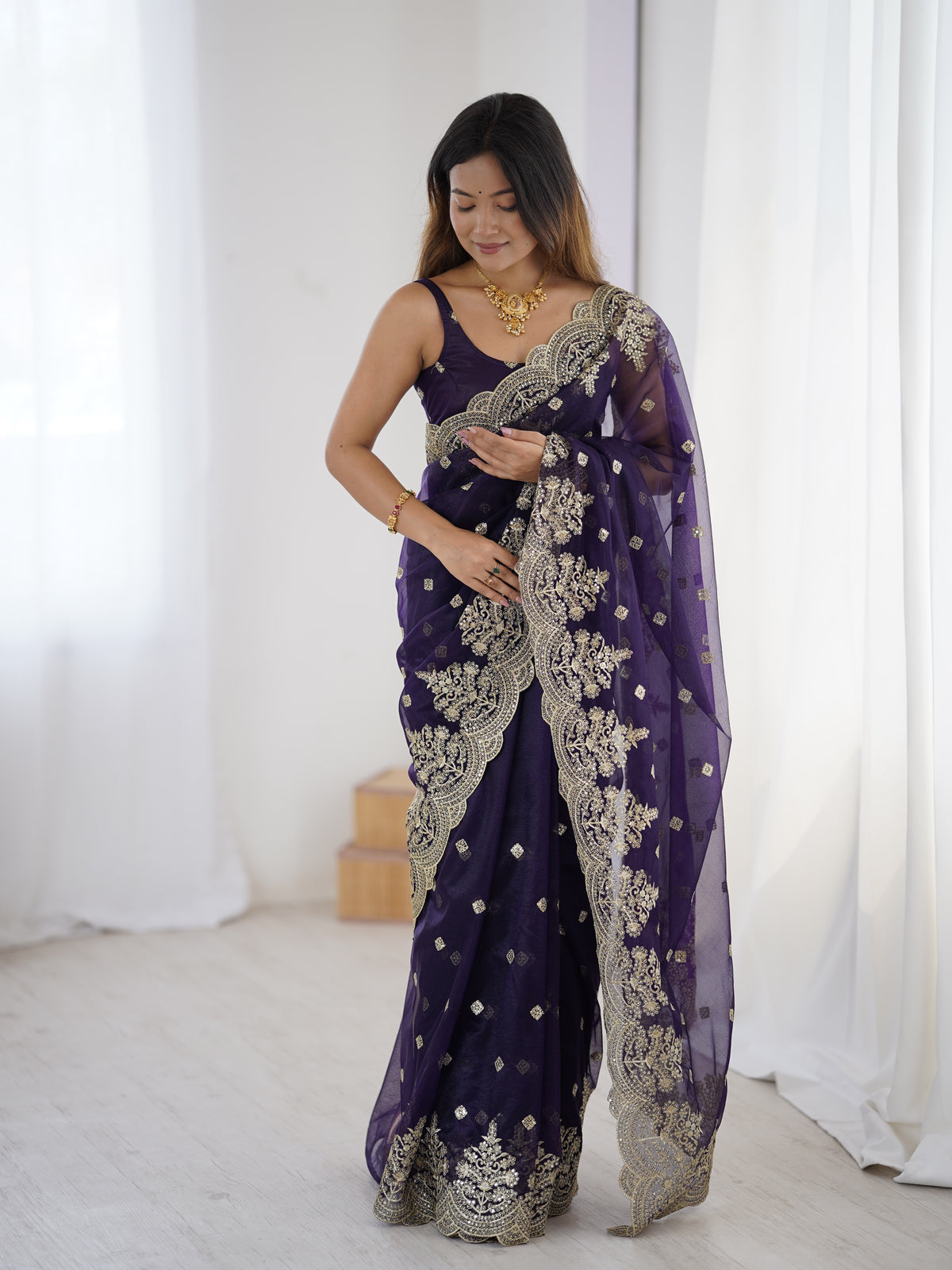 Urban Pallu Solid Net Festive Saree