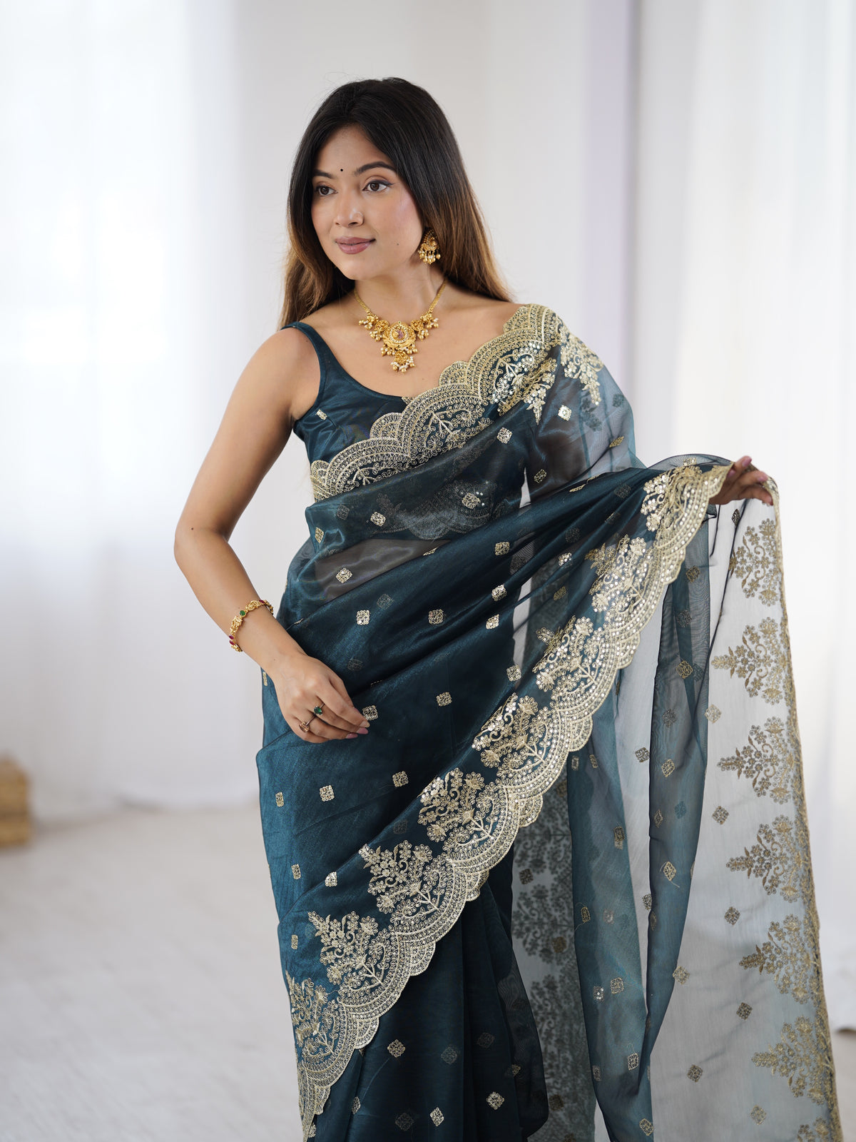 Urban Pallu Solid Net Festive Saree