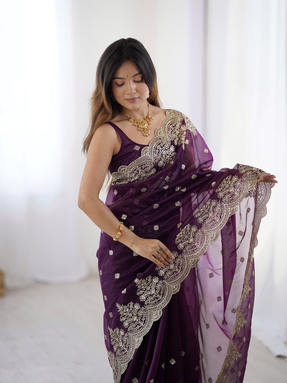 Urban Pallu Solid Net Festive Saree