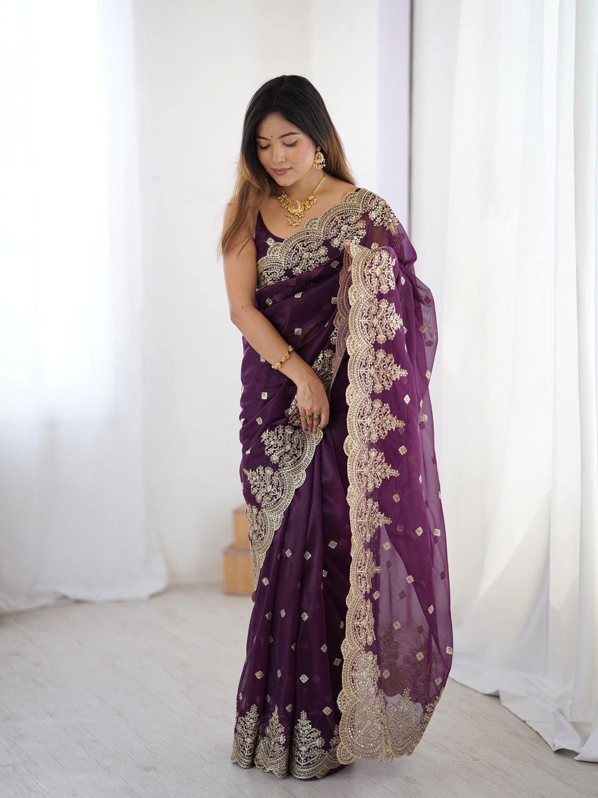 Urban Pallu Solid Net Festive Saree