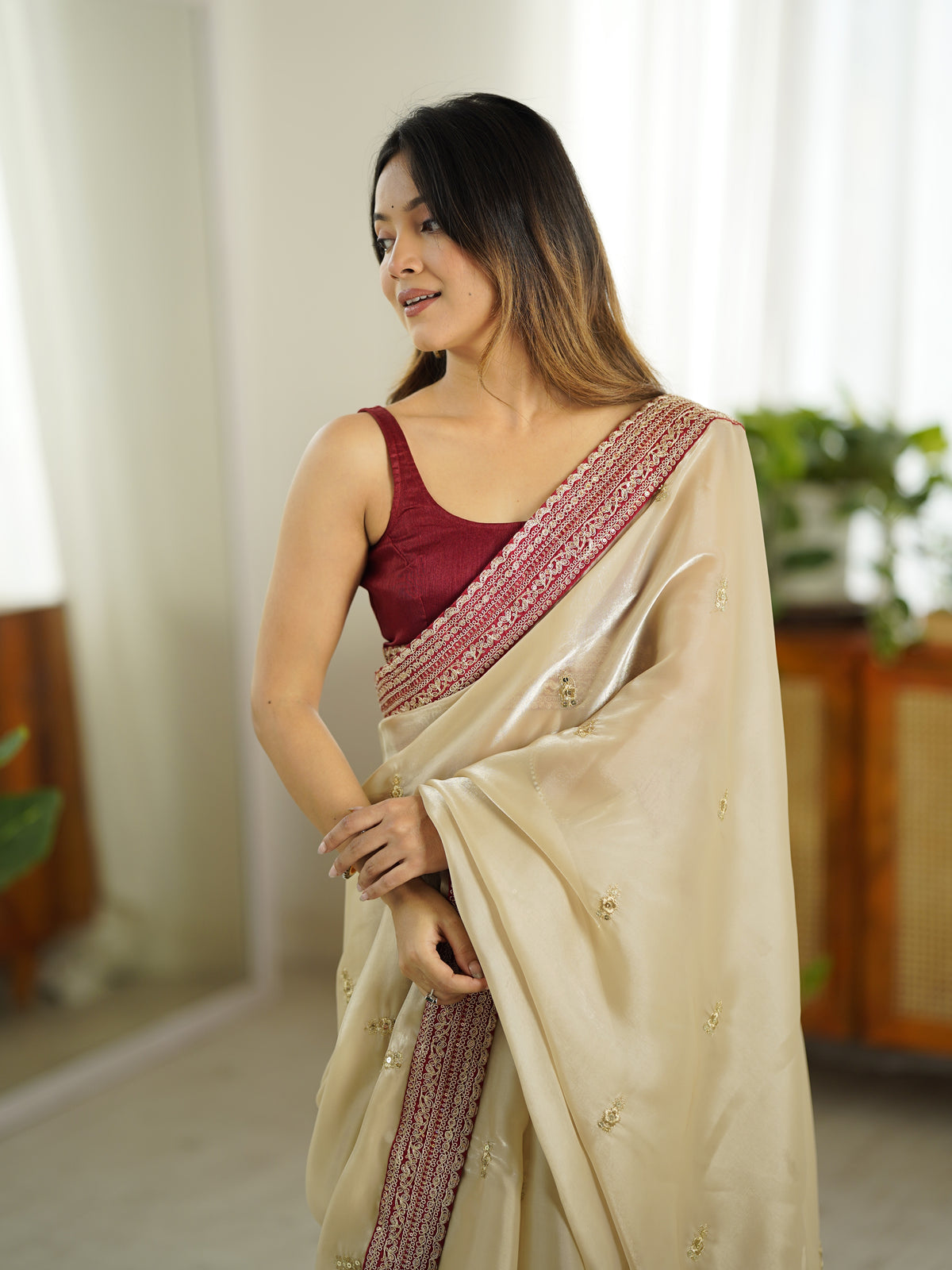 Urban Pallu Solid Organza Festive Saree