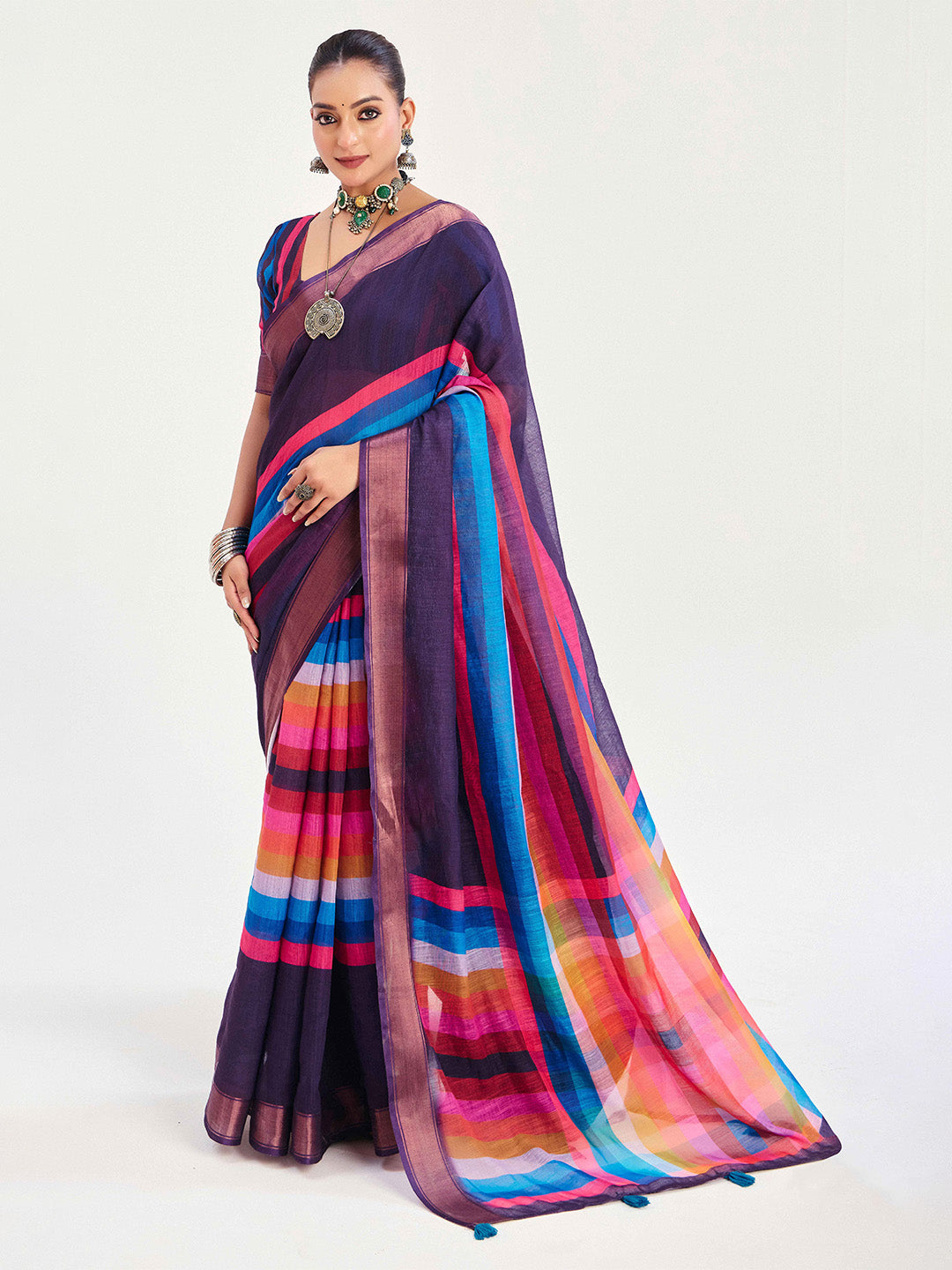 Urban Pallu Striped Silk Blend Fusion Saree