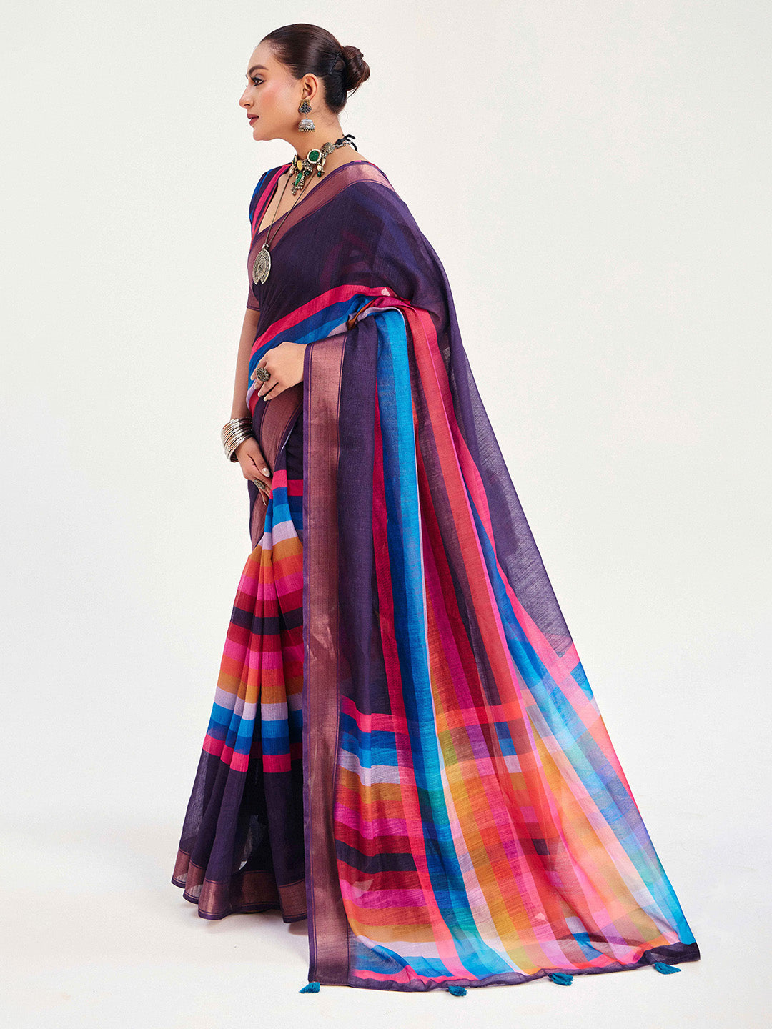 Urban Pallu Striped Silk Blend Fusion Saree
