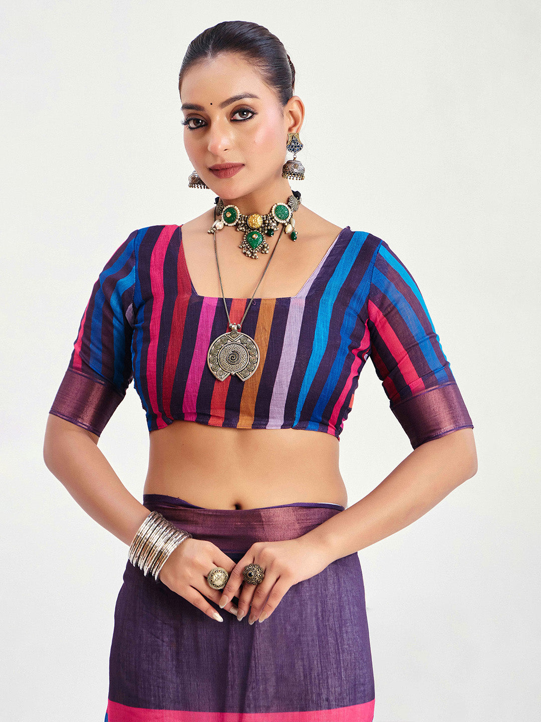 Urban Pallu Striped Silk Blend Fusion Saree