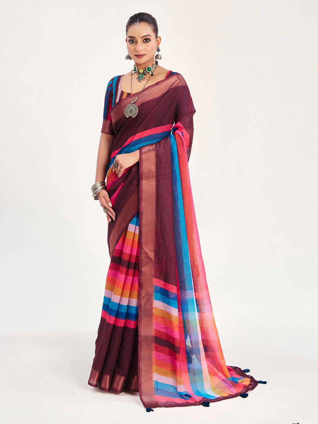 Urban Pallu Striped Silk Blend Fusion Saree