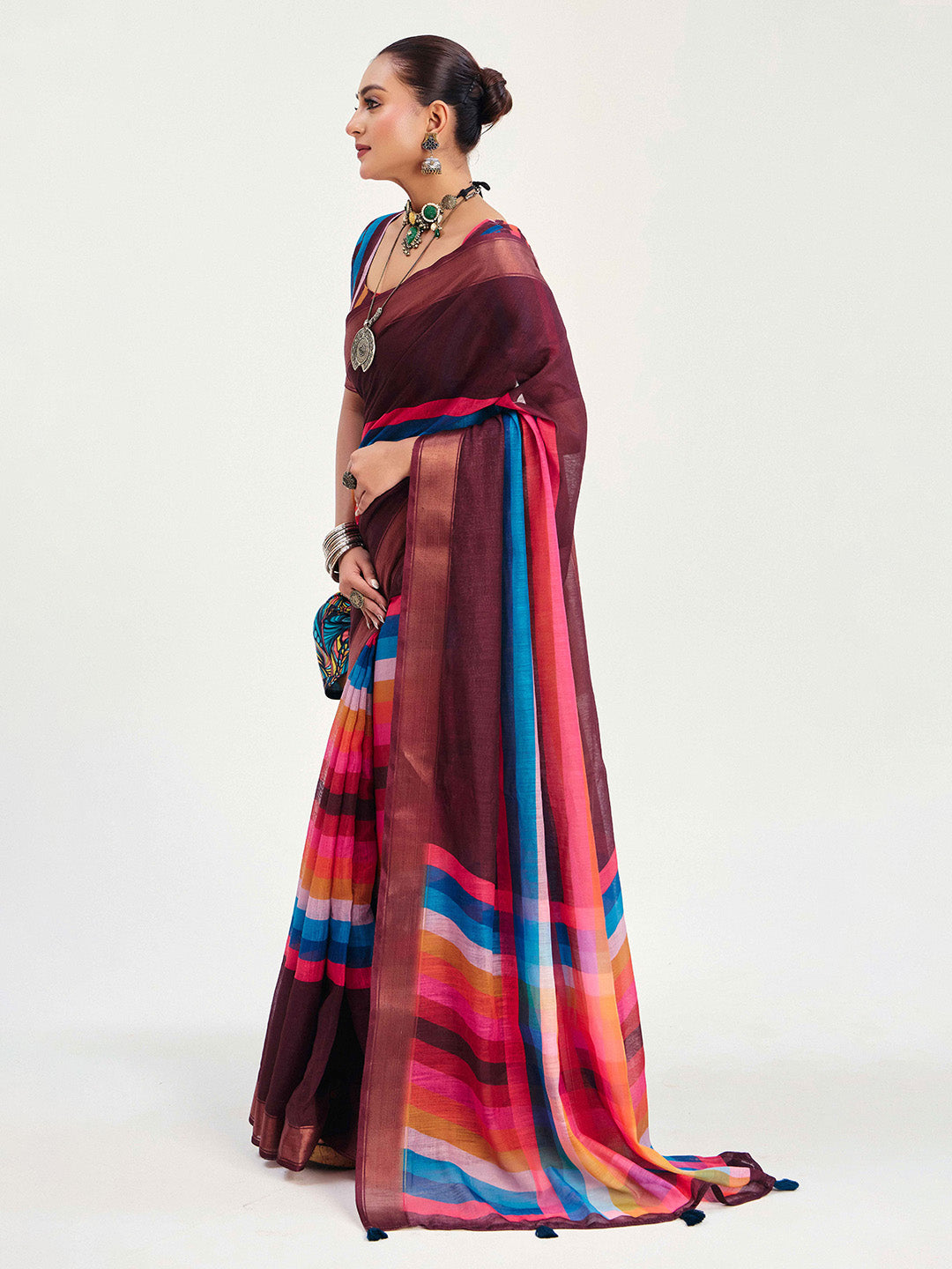 Urban Pallu Striped Silk Blend Fusion Saree