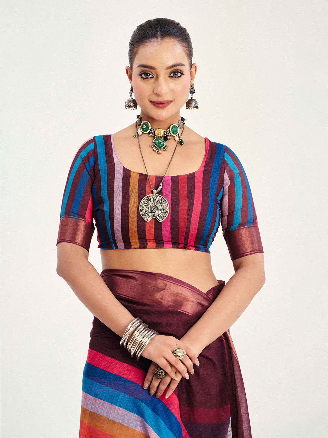 Urban Pallu Striped Silk Blend Fusion Saree