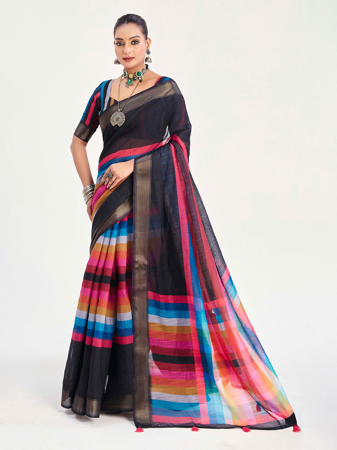 Urban Pallu Striped Silk Blend Fusion Saree