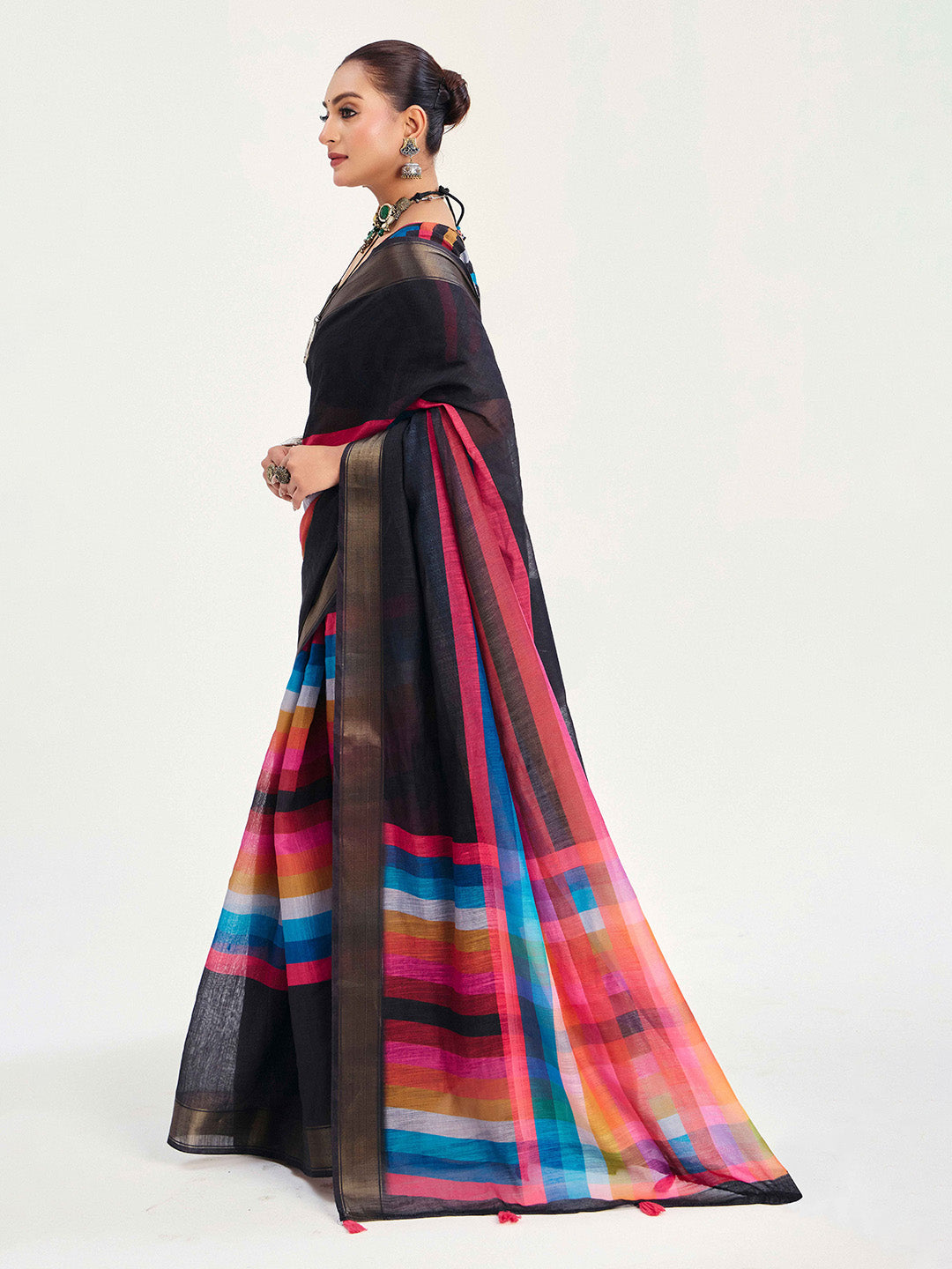 Urban Pallu Striped Silk Blend Fusion Saree