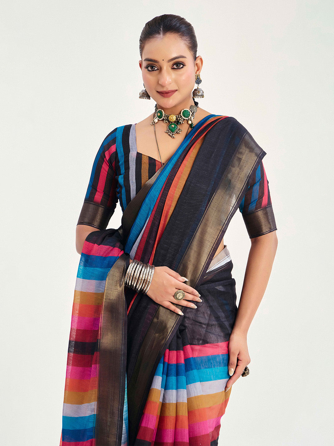 Urban Pallu Striped Silk Blend Fusion Saree