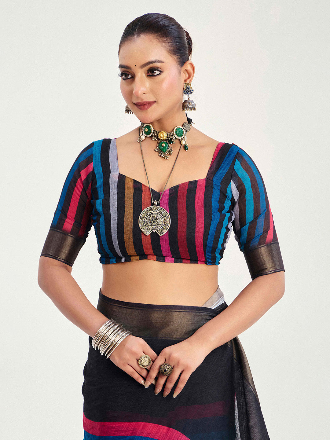 Urban Pallu Striped Silk Blend Fusion Saree