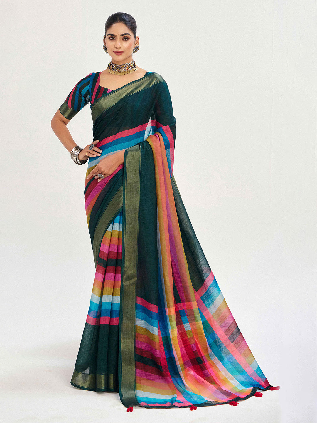 Urban Pallu Striped Silk Blend Fusion Saree